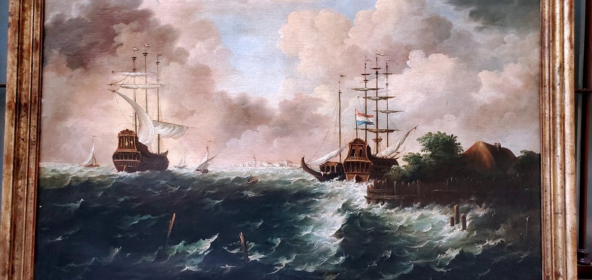 dipinto olio su tela raffigurante Marina con velieri in tempesta -photo-3