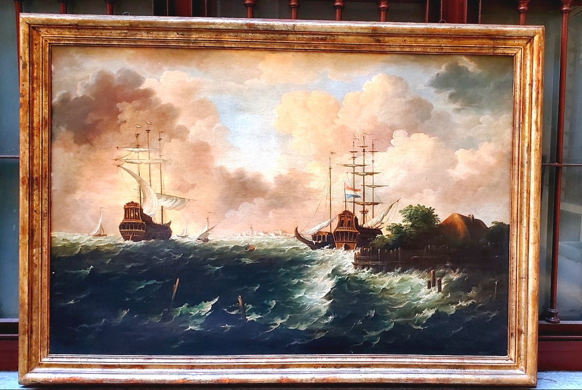 dipinto olio su tela raffigurante Marina con velieri in tempesta 