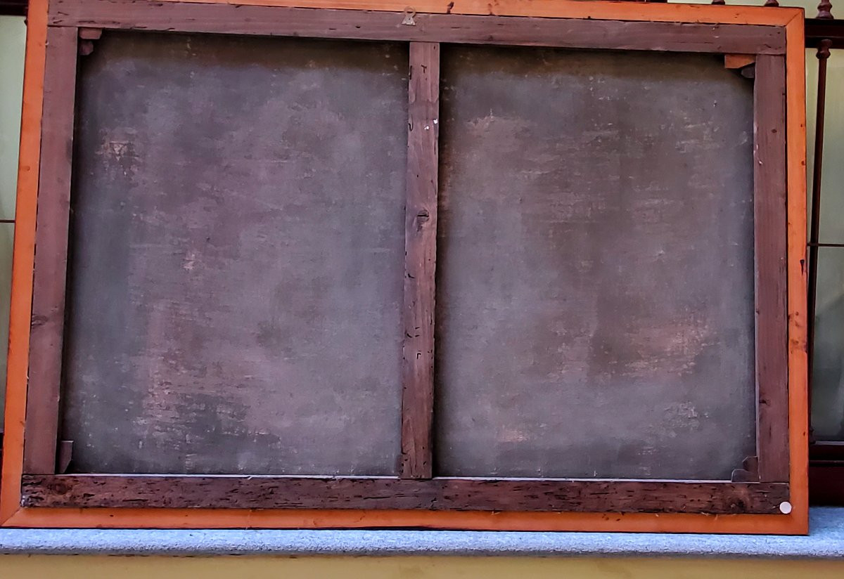 Dipinto olio su tela raffigurante paesaggio con figure e veduta fluviale -photo-7