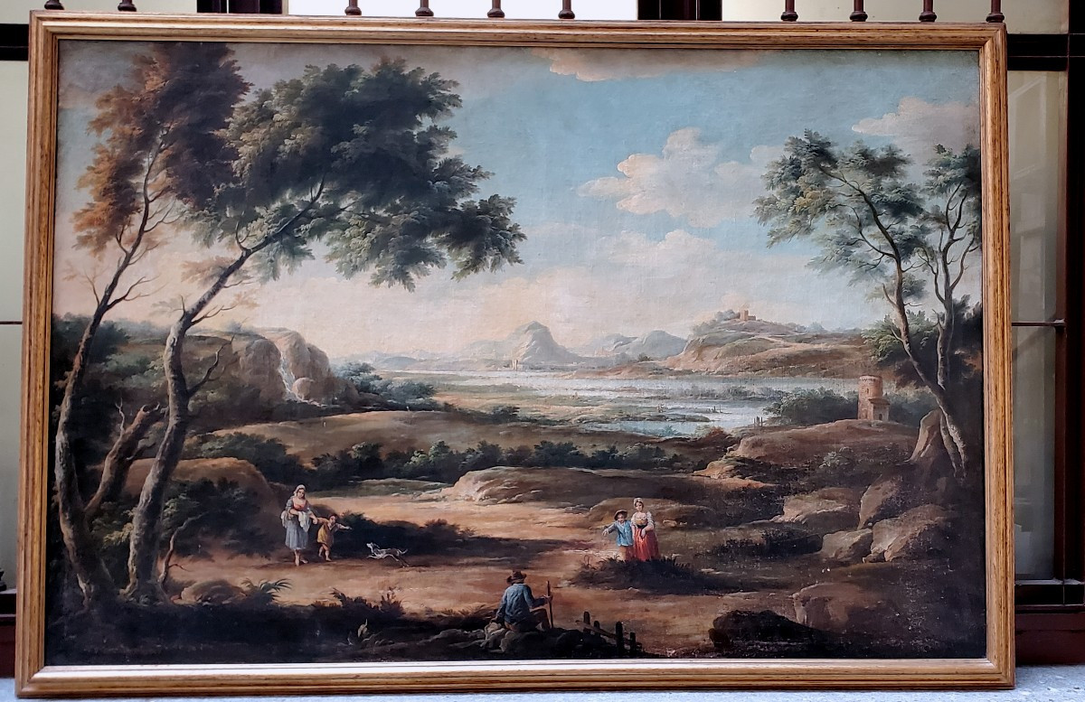 Dipinto olio su tela raffigurante paesaggio con figure e veduta fluviale 