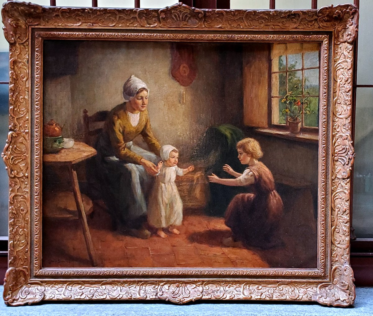 Dipinto olio su tela raffigurante madre con bambini autore:Louis Soonius (1883-1956)-photo-2