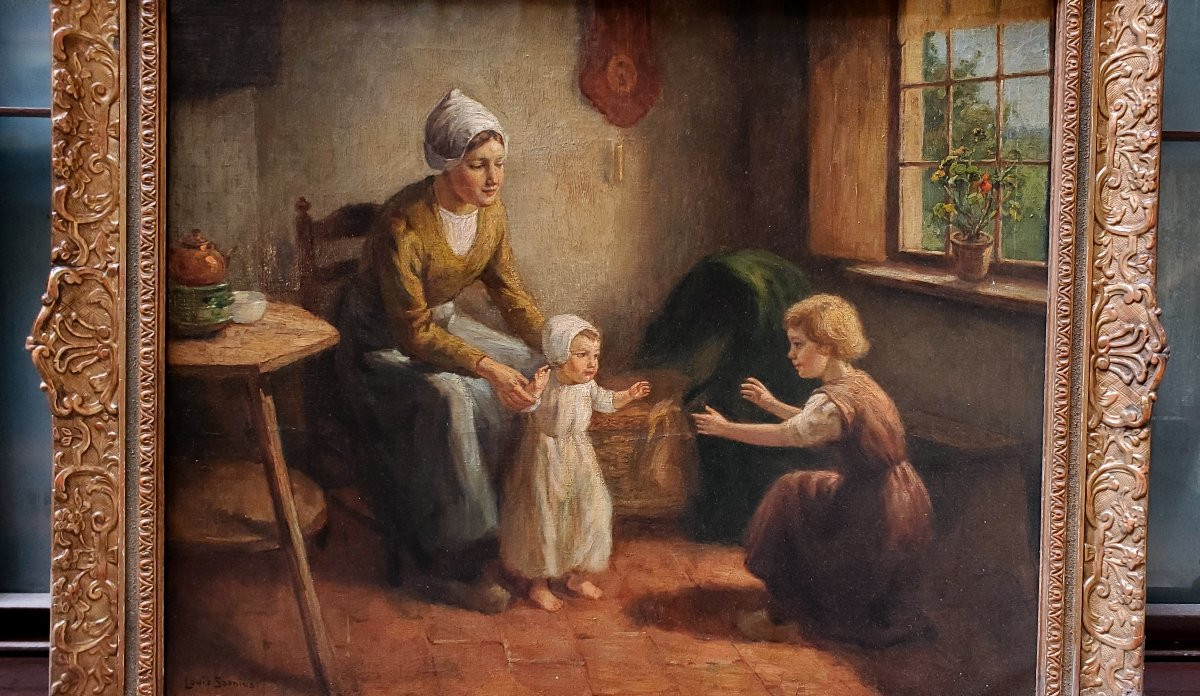 Dipinto olio su tela raffigurante madre con bambini autore:Louis Soonius (1883-1956)-photo-3