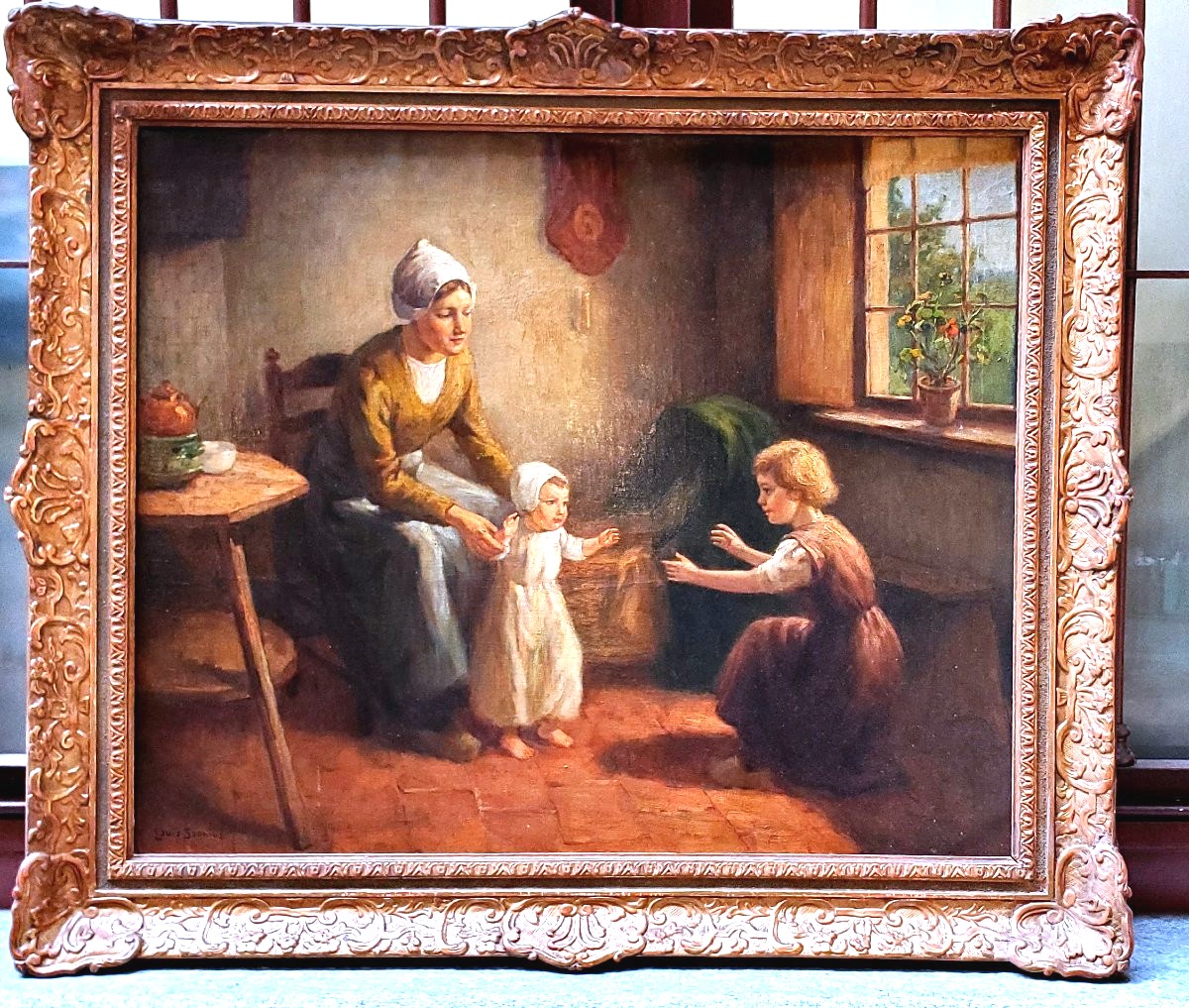 Dipinto olio su tela raffigurante madre con bambini autore:Louis Soonius (1883-1956)-photo-2