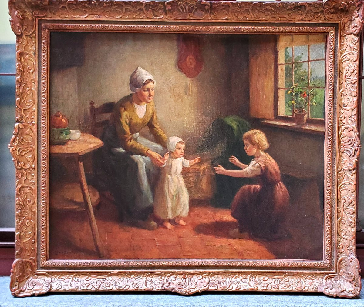 Dipinto olio su tela raffigurante madre con bambini autore:Louis Soonius (1883-1956)-photo-1