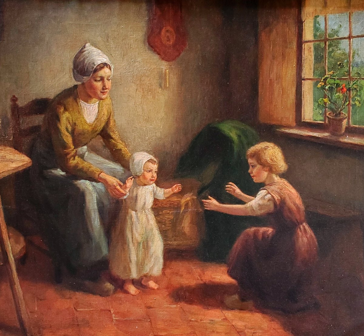 Dipinto olio su tela raffigurante madre con bambini autore:Louis Soonius (1883-1956)-photo-2