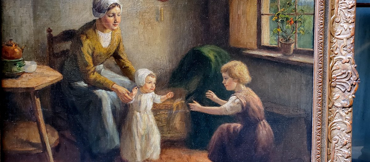 Dipinto olio su tela raffigurante madre con bambini autore:Louis Soonius (1883-1956)-photo-3
