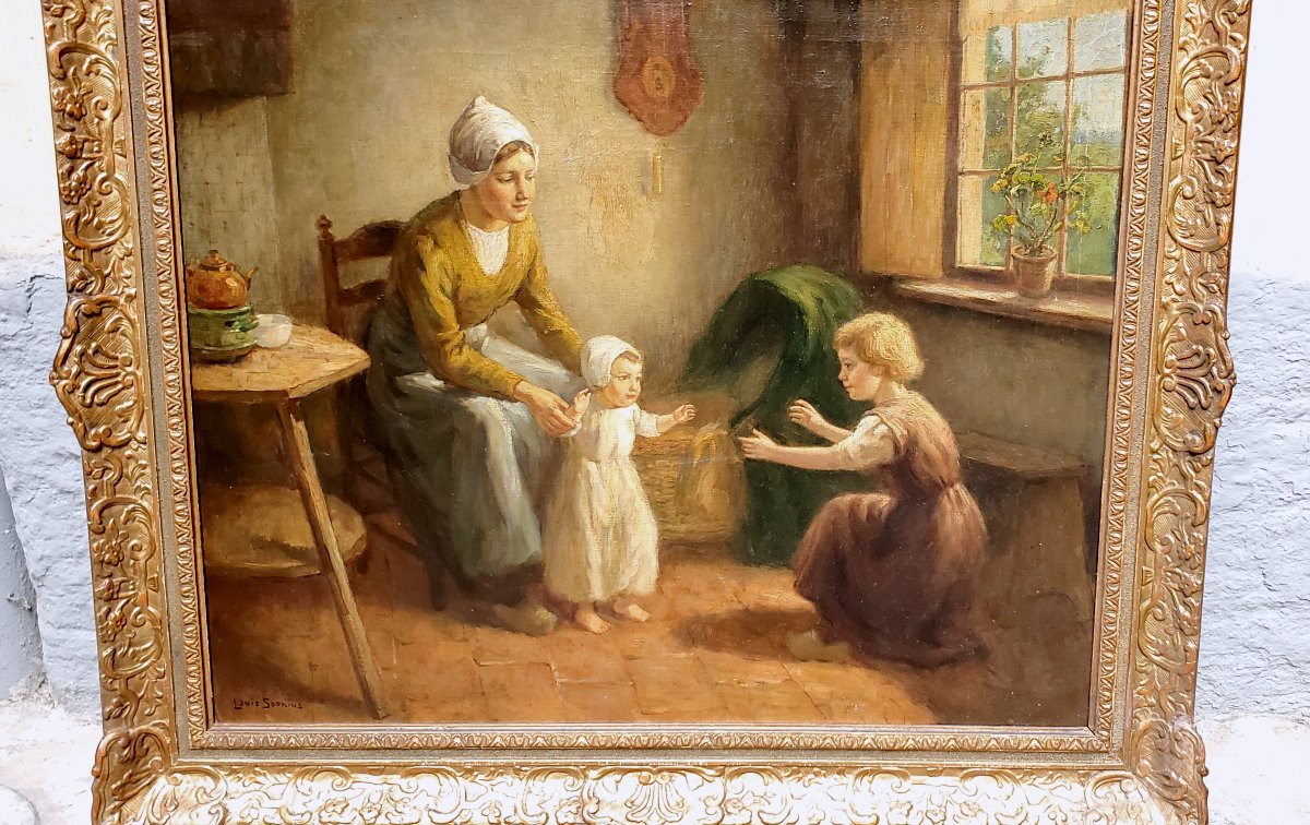 Dipinto olio su tela raffigurante madre con bambini autore:Louis Soonius (1883-1956)-photo-5