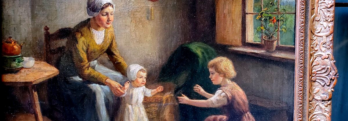 Dipinto olio su tela raffigurante madre con bambini autore:Louis Soonius (1883-1956)-photo-2
