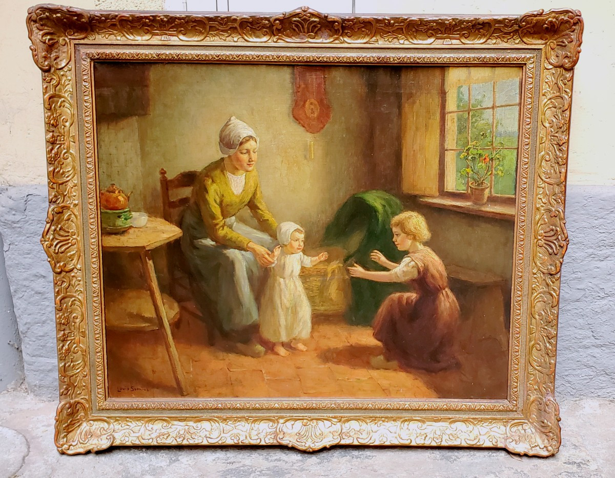 Dipinto olio su tela raffigurante madre con bambini autore:Louis Soonius (1883-1956)