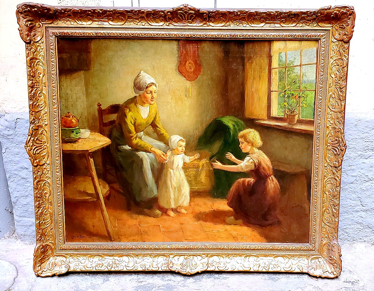 Dipinto olio su tela raffigurante madre con bambini autore:Louis Soonius (1883-1956)