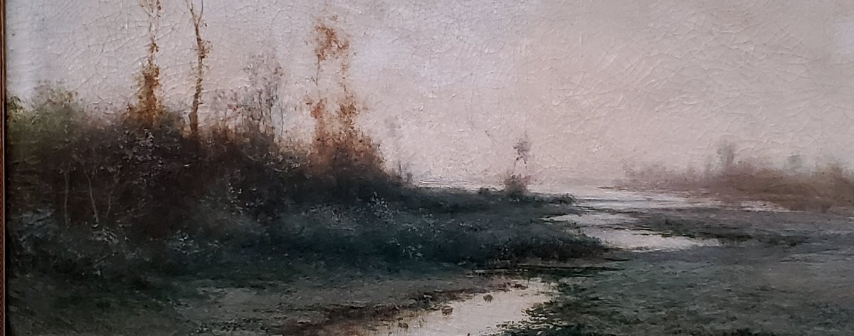 Huile sur toile ancienne représentant un paysage fluvial, par le peintre piémontais Giacinto Bo-photo-2