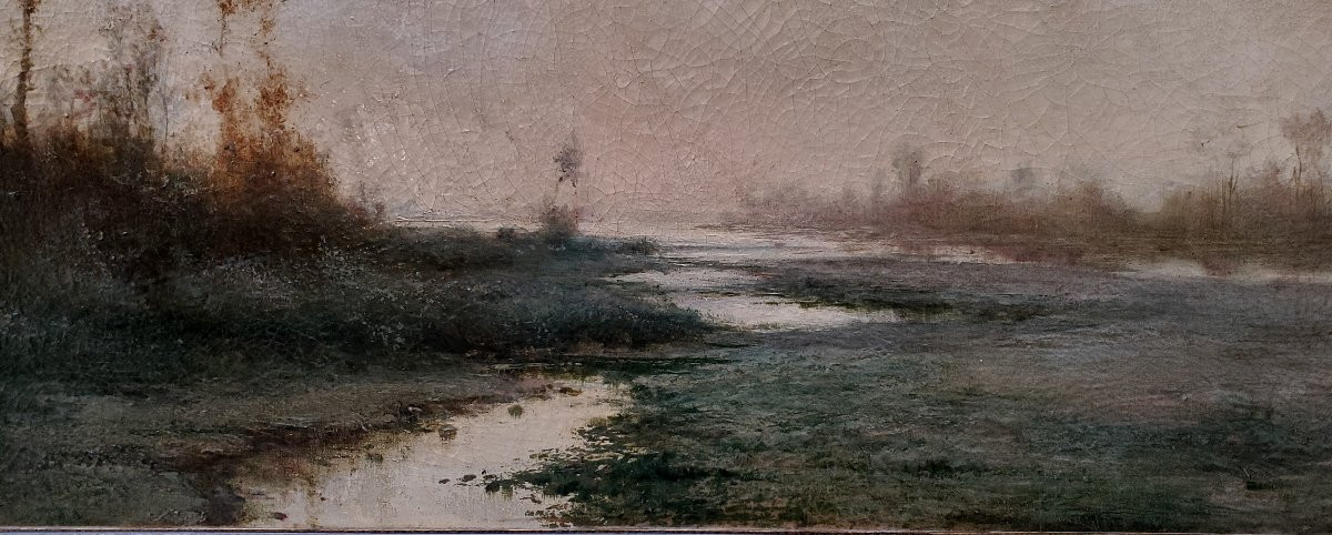Huile sur toile ancienne représentant un paysage fluvial, par le peintre piémontais Giacinto Bo-photo-3