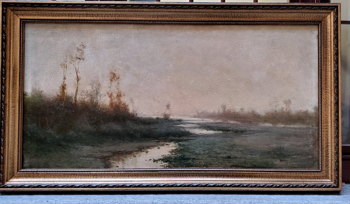 Huile sur toile ancienne représentant un paysage fluvial, par le peintre piémontais Giacinto Bo-photo-1