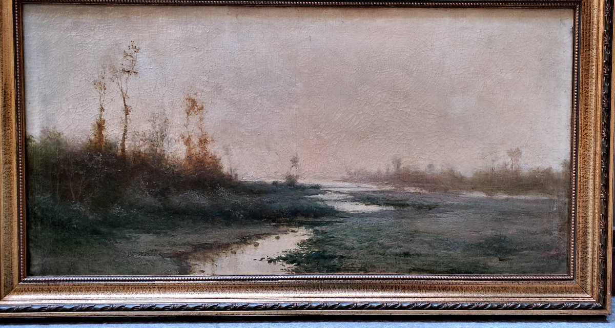 Huile sur toile ancienne représentant un paysage fluvial, par le peintre piémontais Giacinto Bo-photo-3