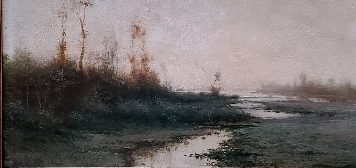 Huile sur toile ancienne représentant un paysage fluvial, par le peintre piémontais Giacinto Bo-photo-5