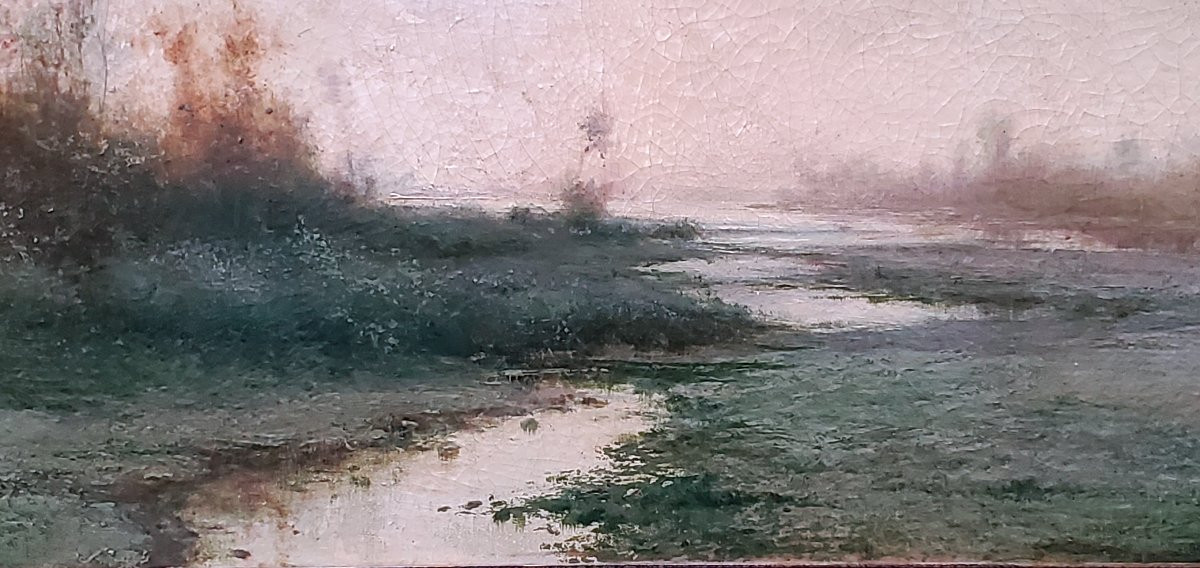 Huile sur toile ancienne représentant un paysage fluvial, par le peintre piémontais Giacinto Bo-photo-6