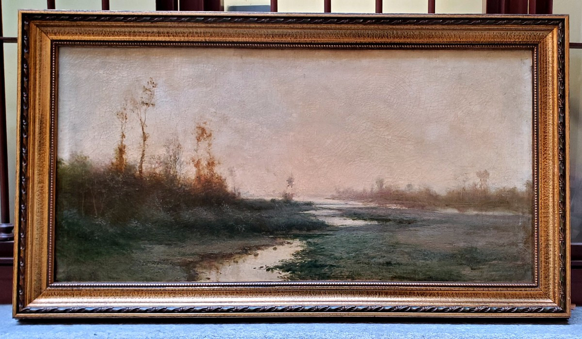 Huile sur toile ancienne représentant un paysage fluvial, par le peintre piémontais Giacinto Bo