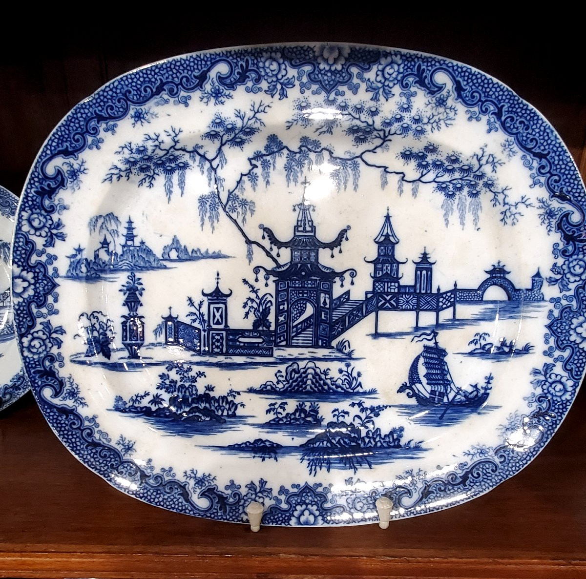 Sette antichi piatti + centrotavola   in porcellana inglese,  recanti il ​​marchio Wampoa -photo-3