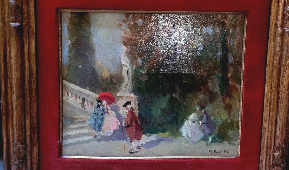 Dipinto olio raffigurante eleganti figure a passeggio in parco-photo-2