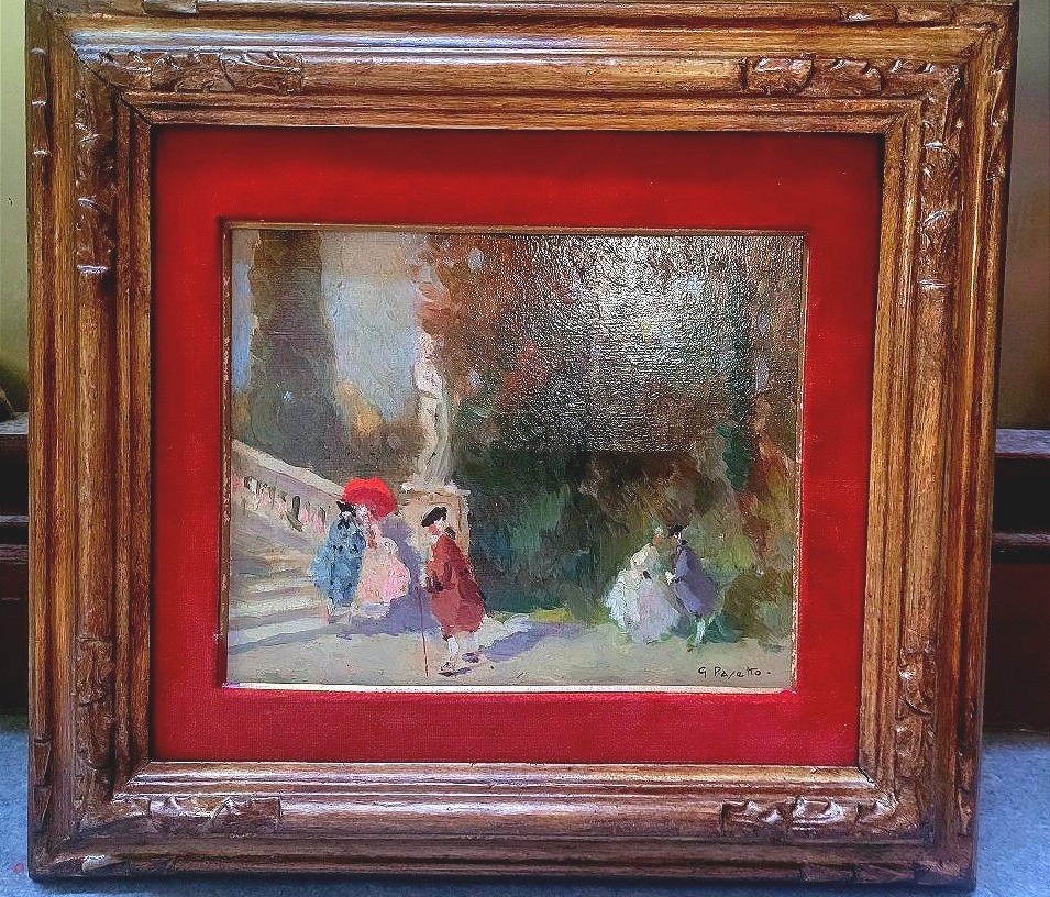 Dipinto olio raffigurante eleganti figure a passeggio in parco