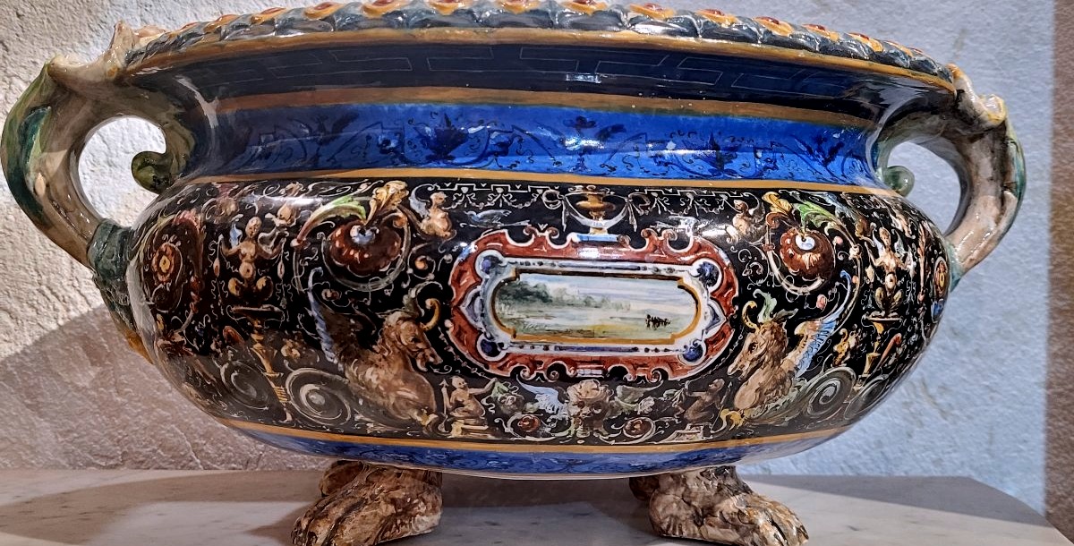 Grande centrotavola in maiolica policroma di Faenza – manifattura Farina, primo Novecento-photo-2