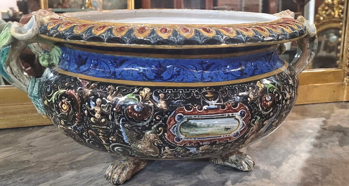 Grande centrotavola in maiolica policroma di Faenza – manifattura Farina