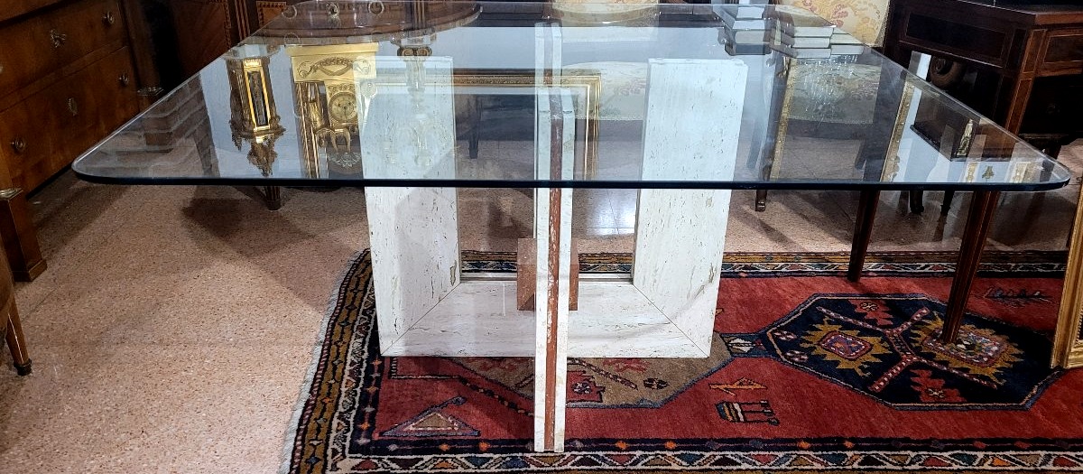 Tavolo design in Travertino e marmo ,piano in cristallo 140x140cm-photo-4