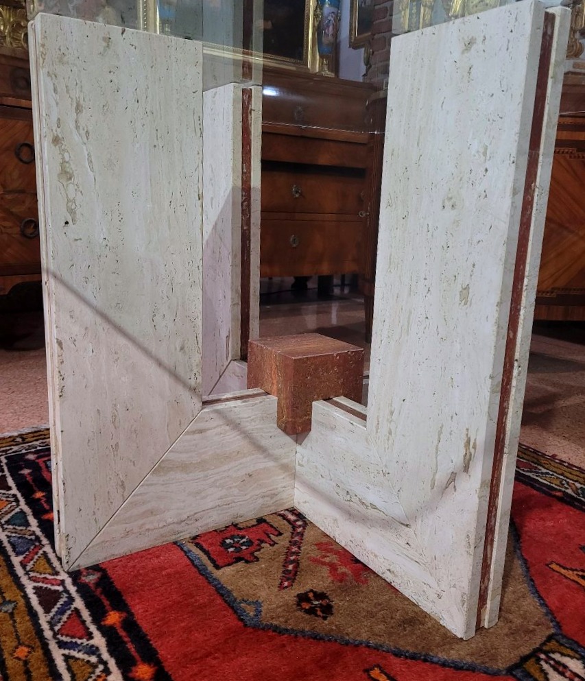 Tavolo design in Travertino e marmo ,piano in cristallo 140x140cm-photo-2