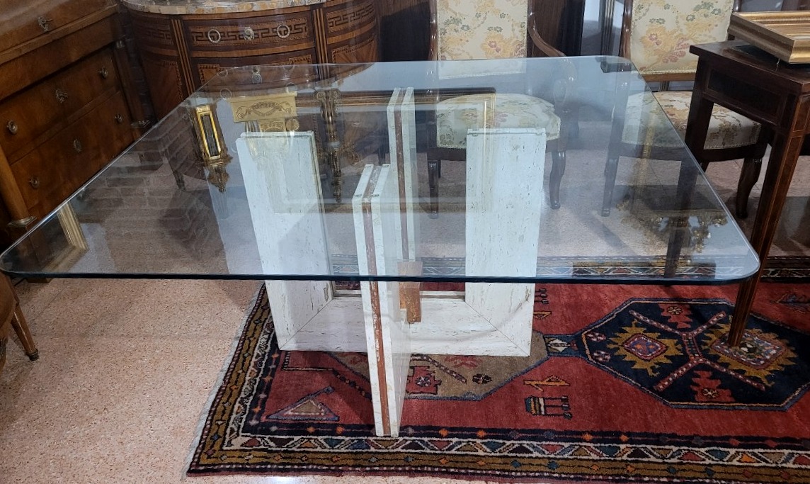 Tavolo design in Travertino e marmo ,piano in cristallo 140x140cm-photo-7