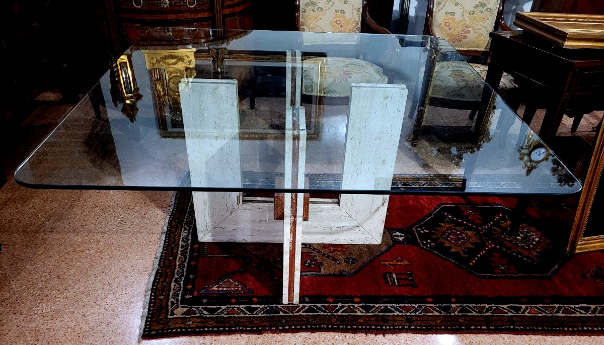 Tavolo design in Travertino e marmo ,piano in cristallo 140x140cm