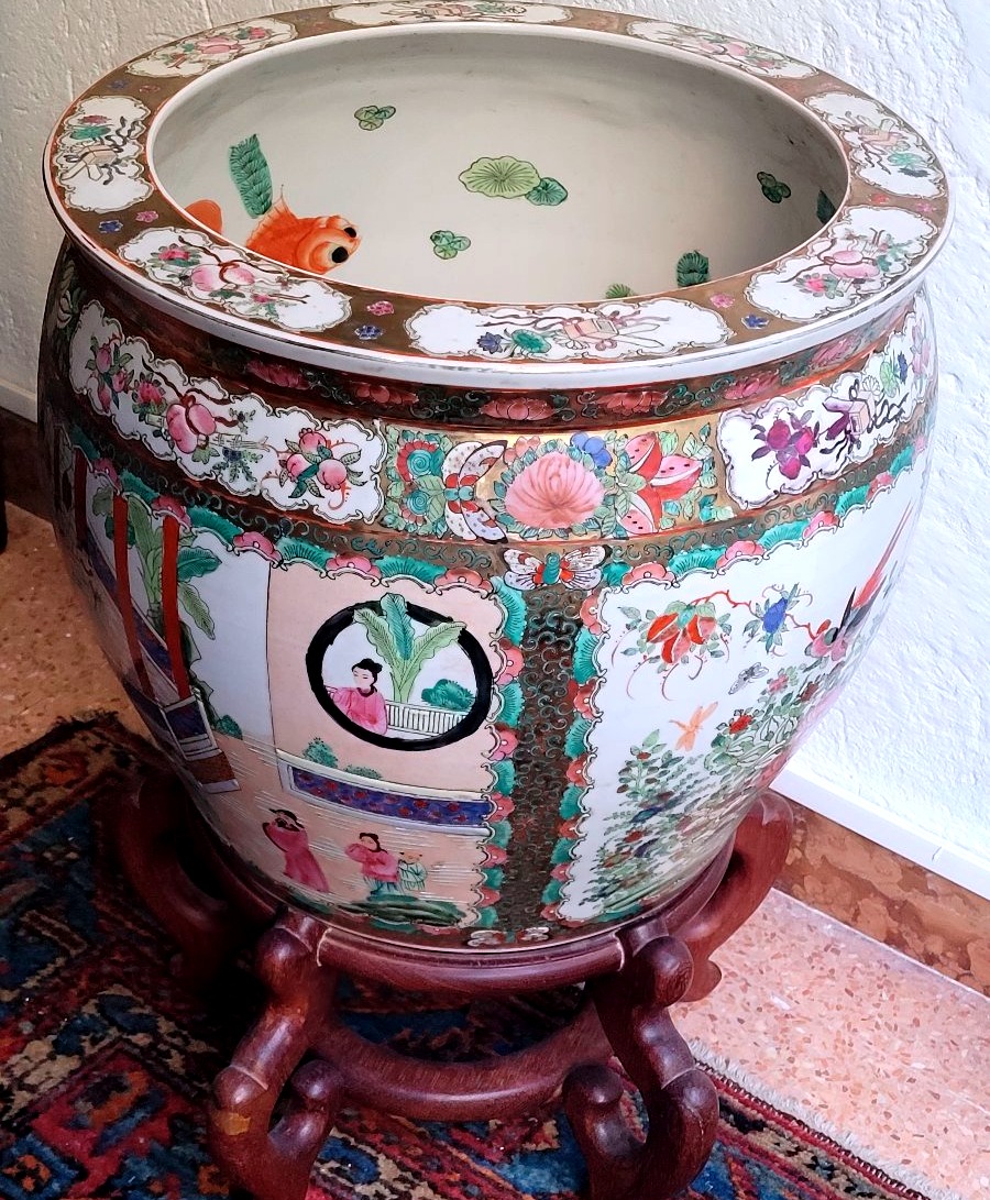 cache-pot cinese decorato, XX secolo, con base lignea-photo-2