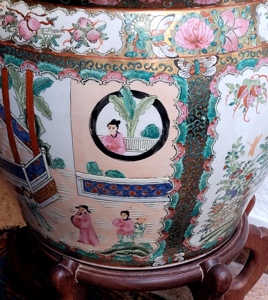 cache-pot cinese decorato, XX secolo, con base lignea-photo-4