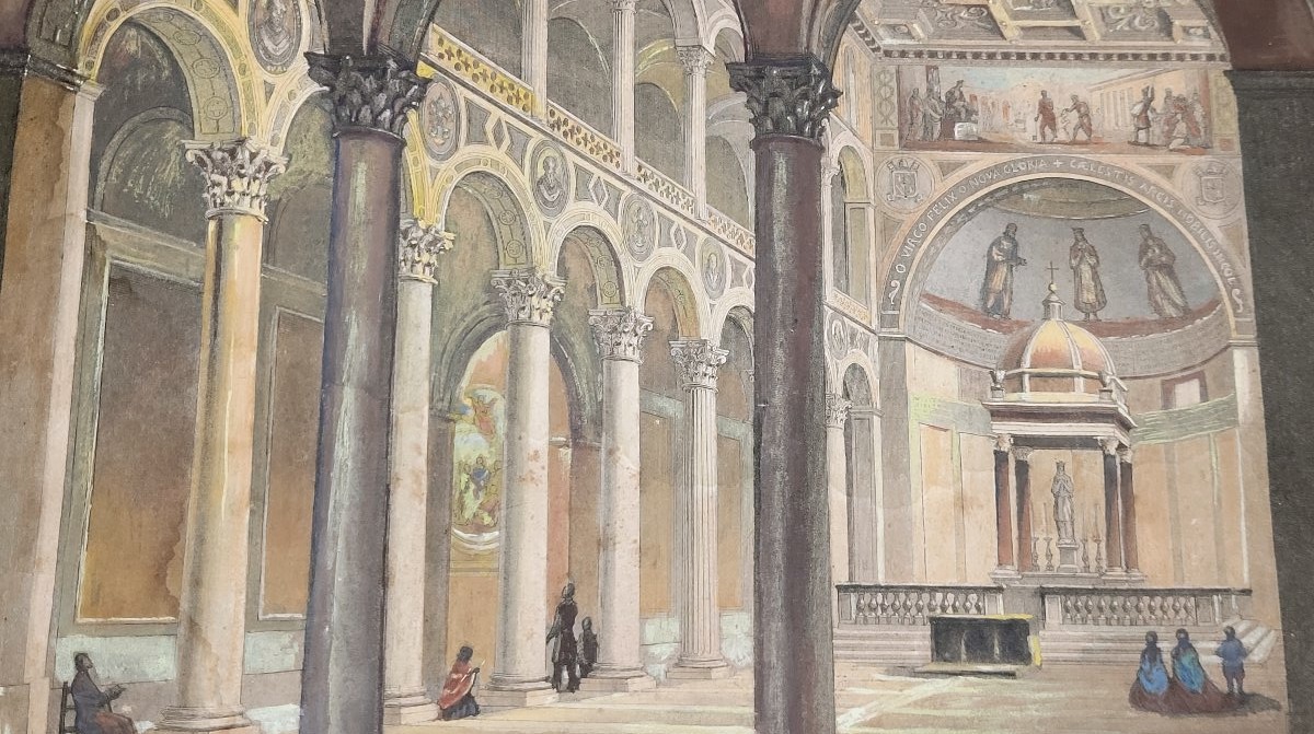 Acquaforte acquerellata raffigurante Interno della Basilica di Sant’Agnese Roma-photo-3
