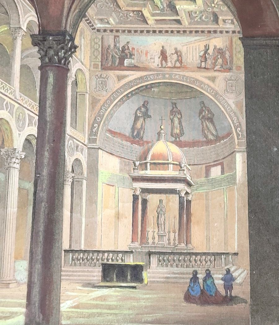 Acquaforte acquerellata raffigurante Interno della Basilica di Sant’Agnese Roma-photo-4