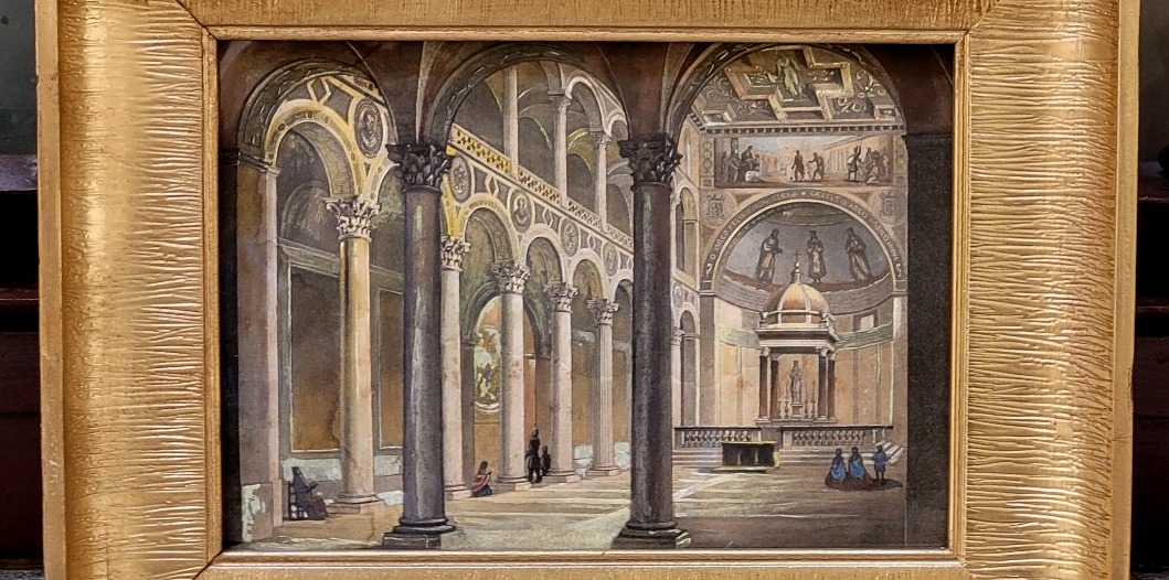 Acquaforte acquerellata raffigurante Interno della Basilica di Sant’Agnese Roma-photo-1