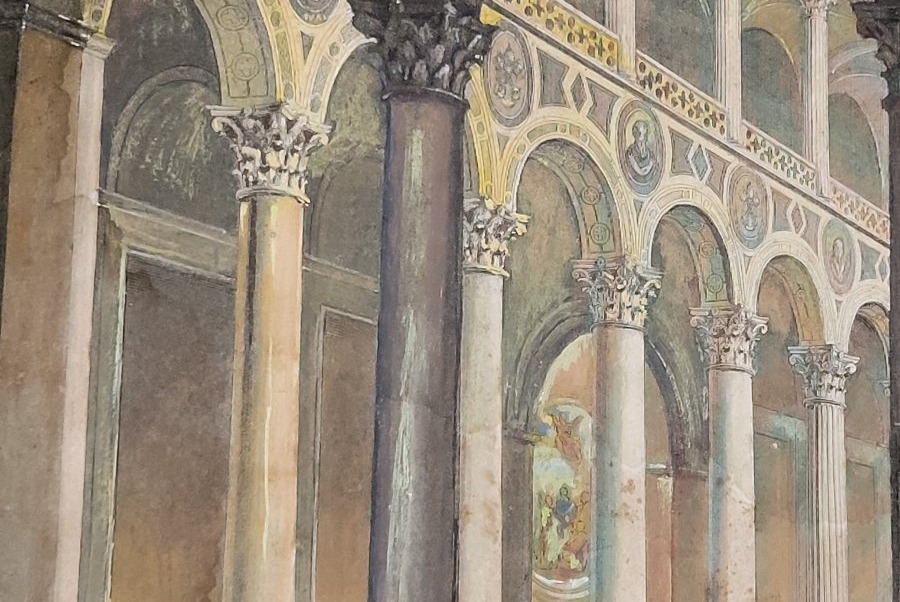 Acquaforte acquerellata raffigurante Interno della Basilica di Sant’Agnese Roma-photo-2