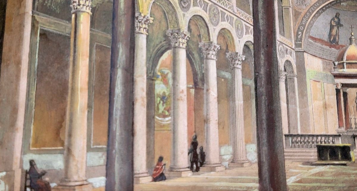 Acquaforte acquerellata raffigurante Interno della Basilica di Sant’Agnese Roma-photo-3