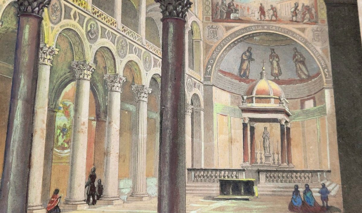 Acquaforte acquerellata raffigurante Interno della Basilica di Sant’Agnese Roma-photo-4