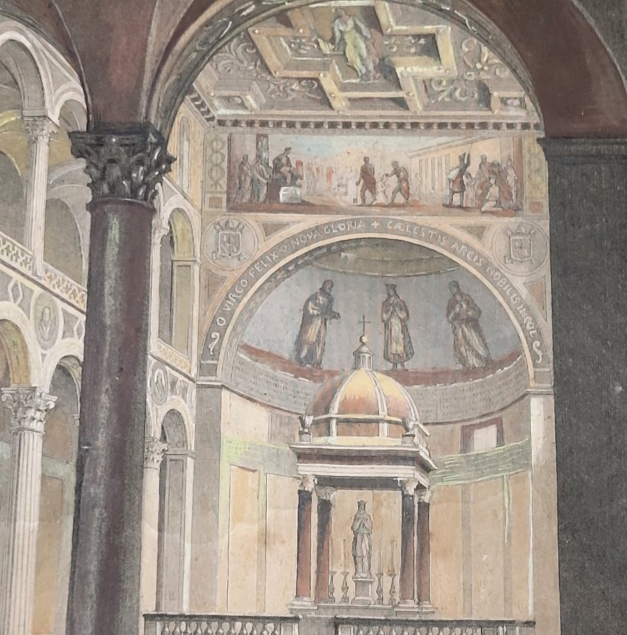 Acquaforte acquerellata raffigurante Interno della Basilica di Sant’Agnese Roma-photo-6