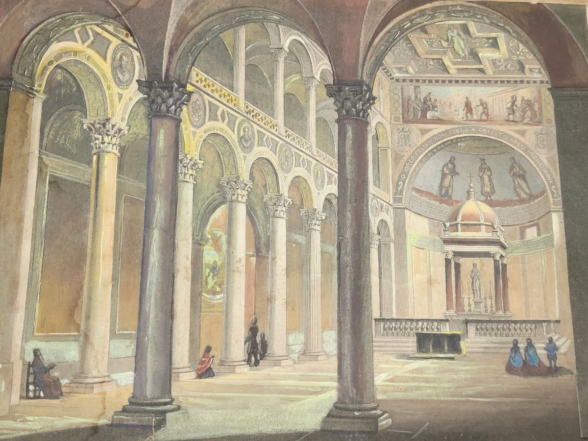 Acquaforte acquerellata raffigurante Interno della Basilica di Sant’Agnese Roma