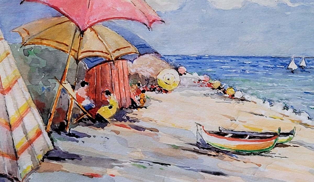Dipinto tecnica acquerello su carta raffigurante la spiaggia di Varigotti-photo-4