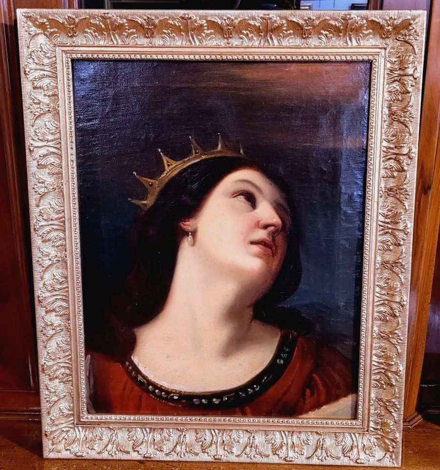  Dipinto antico a olio su tela raffigurante Santa Caterina d'Alessandria