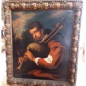 Dipinto olio su tela suonatore di cornamusa manifattura Olandese 