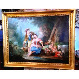 Dipinto olio su tela raffigurante scena romantica epoca Carlo x