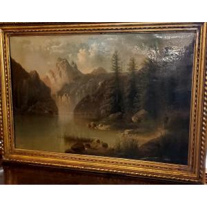 Dipinto olio su tela raffigurante  paesaggio lacustre , manifattura Francese 