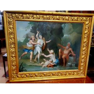 Antico dipinto olio su tela raffigurante Apollo e Dafne , epoca 1750 circa