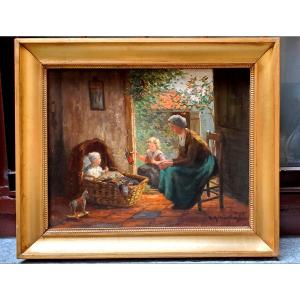 Dipinto olio su tela raffigurante scena d'interni firmato  HA Dievenbach