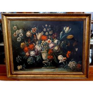 Dipinto olio su tela raffigurante natura morta floreale 
