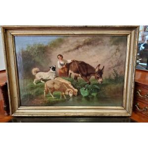 Dipinto olio su tela raffigurante scena di vita quotidiana epoca prima meta 1800 