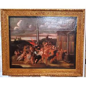 Antico dipinto olio su tela raffigurante :il ratto delle Sabine ,epoca fine 1600 ,scuola Romana